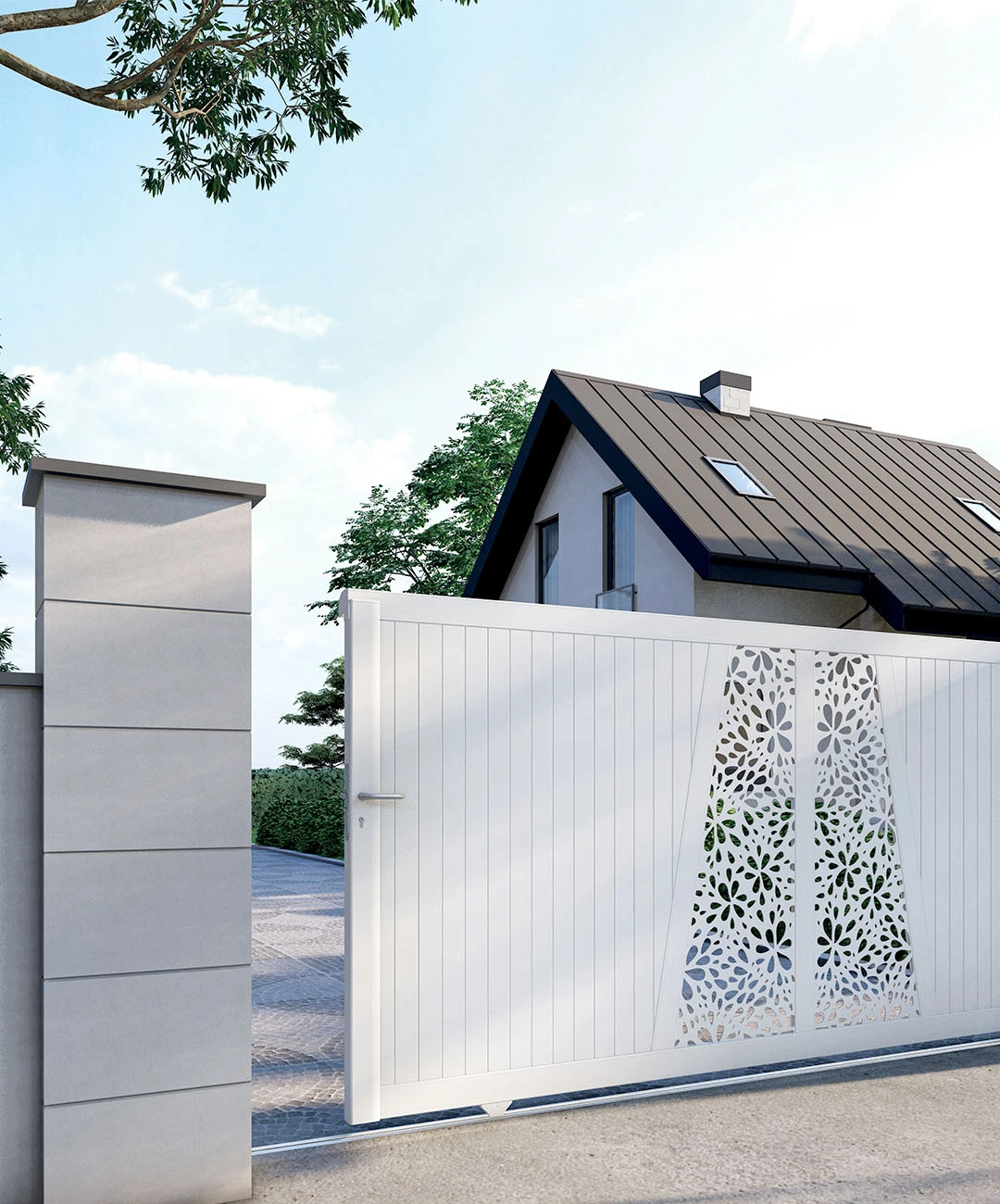 Portail aluminium sur mesure installé par Vexin Fermetures dans le Val d’Oise et les Yvelines