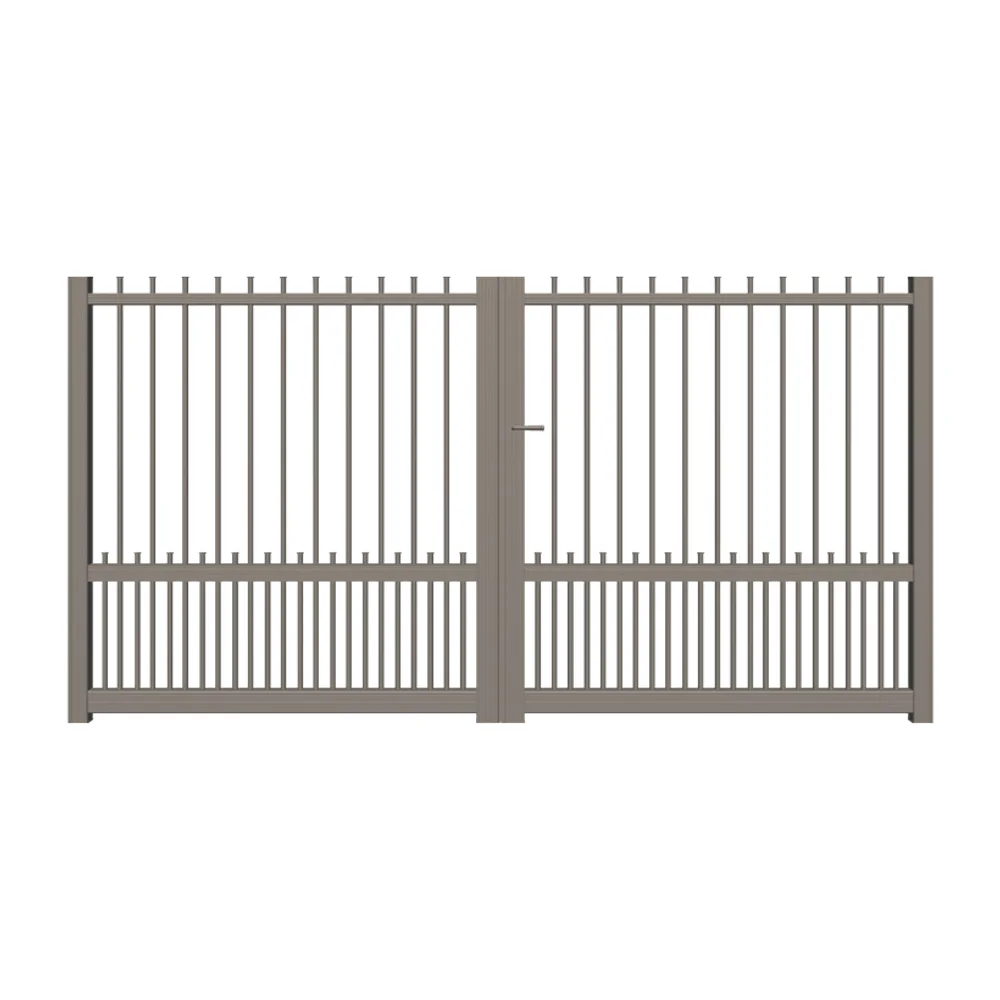 Portail battant aluminium de style traditionnel, barreaudage vertical et soubassement plein