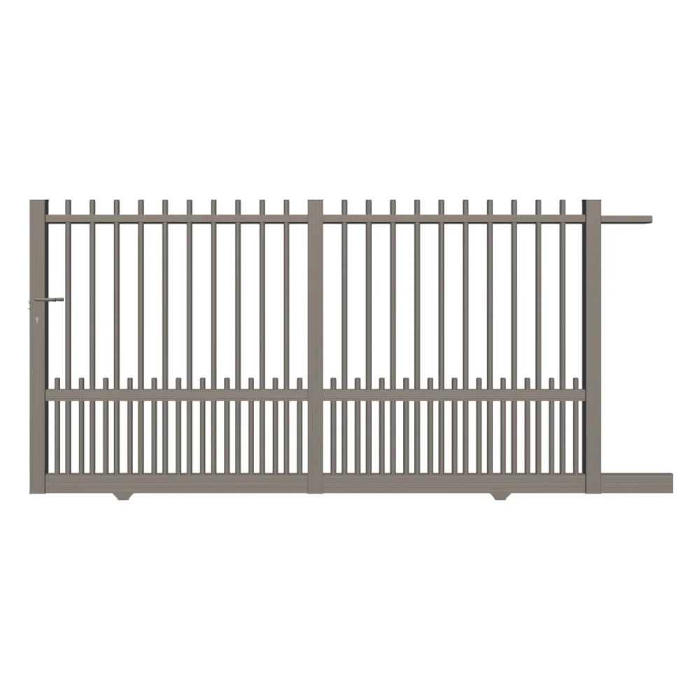 Portail coulissant aluminium de style traditionnel, barreaudage vertical et soubassement plein