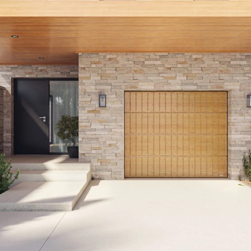Porte de garage sectionnelle bois à lames horizontales larges, style contemporain
