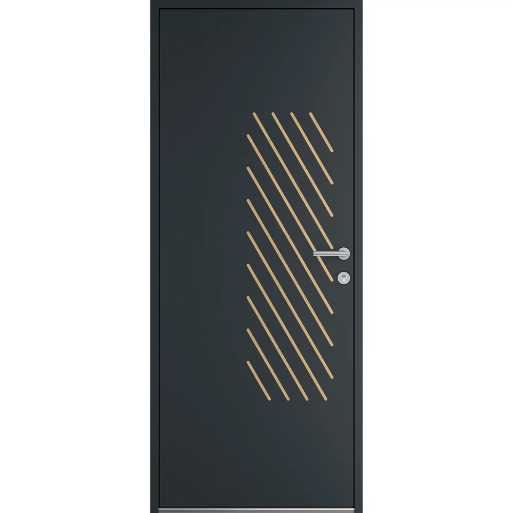 Porte d’entrée aluminium gris foncé à panneau plein et décor oblique, style contemporain
