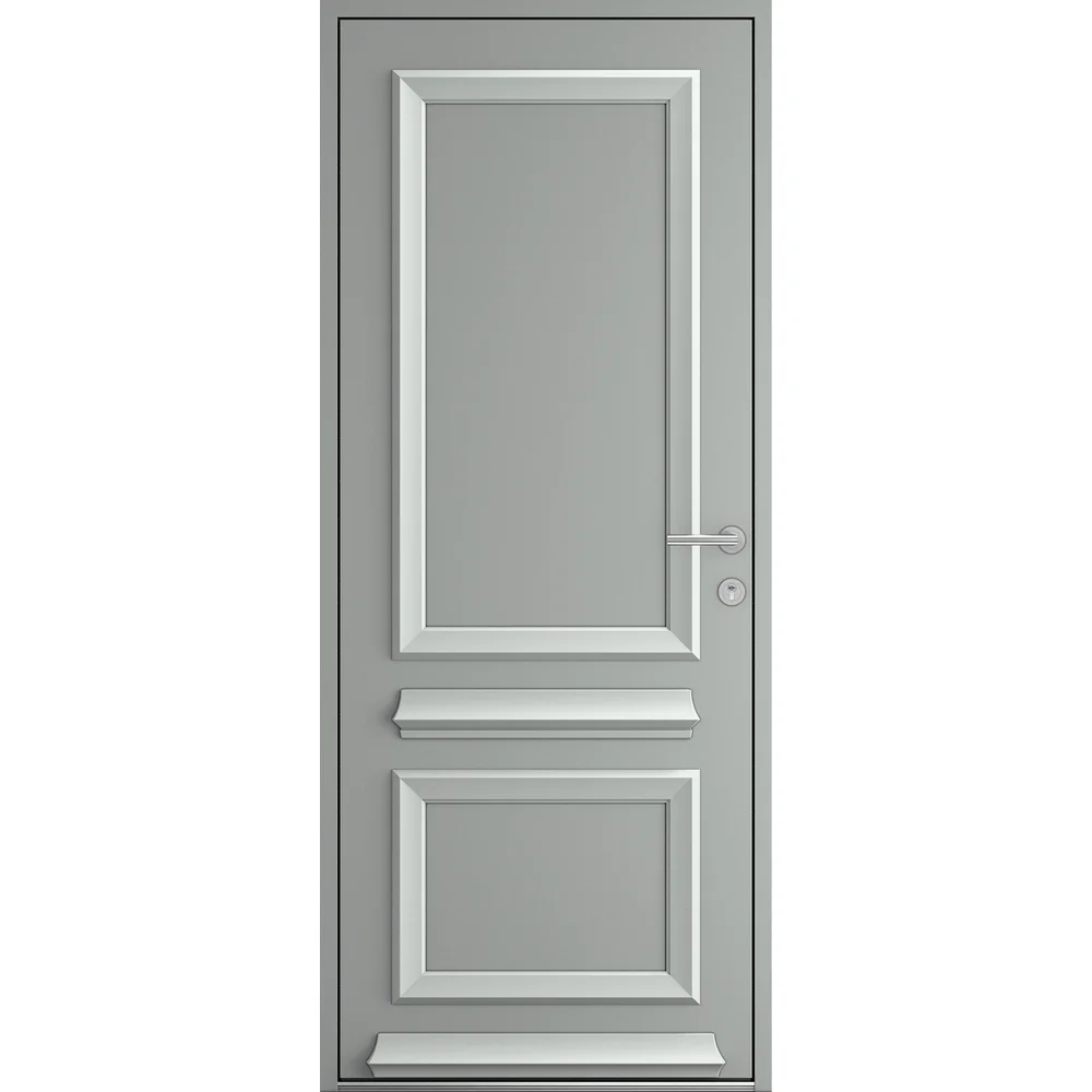Porte d’entrée aluminium gris clair à panneaux moulurés, style traditionnel
