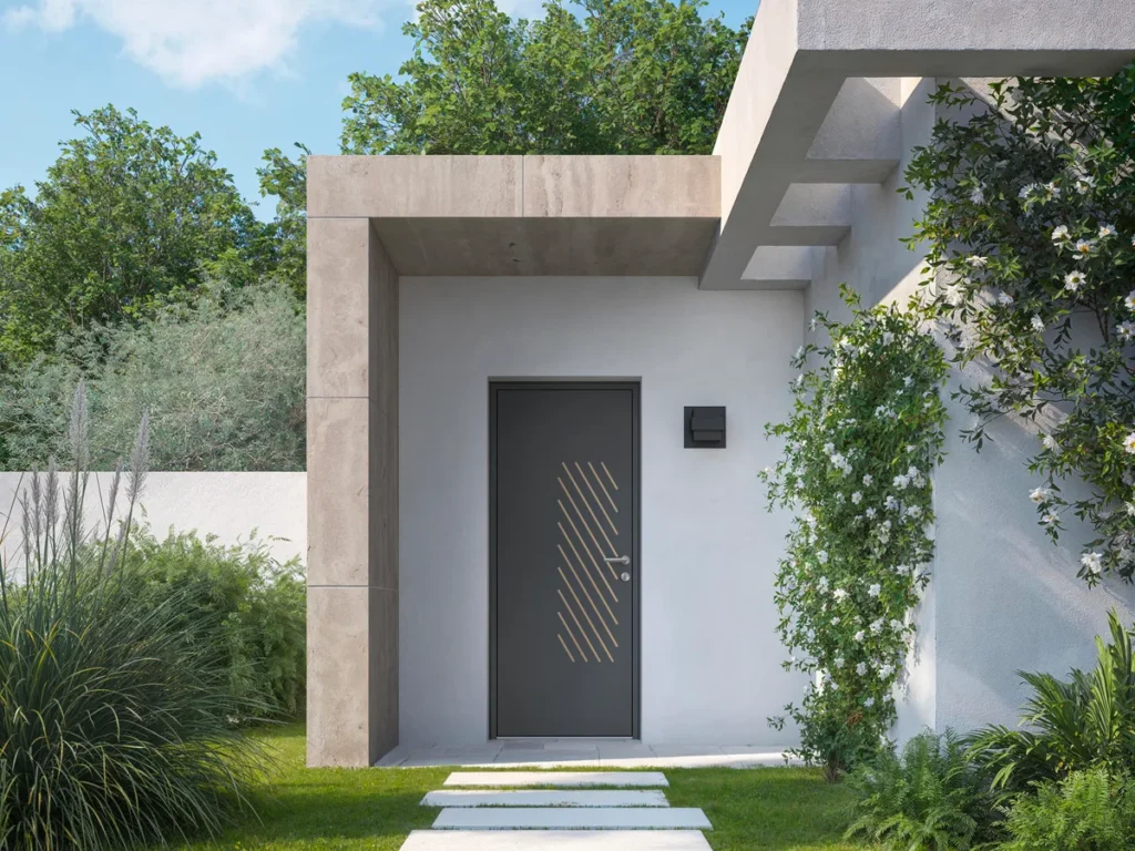 Porte d’entrée aluminium gris anthracite à panneau plein sur une maison contemporaine