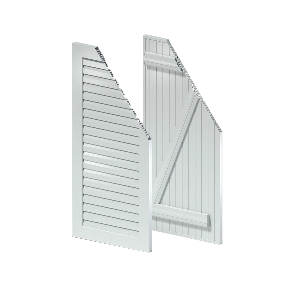 Volet battant PVC blanc à cadre et lames persiennes, vantail ouvert
