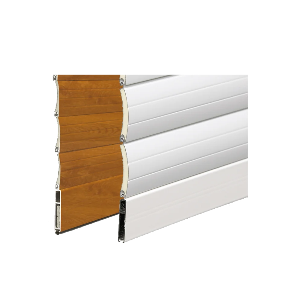 Lames de volet roulant en aluminium, coloris blanc et ton bois, vue en coupe