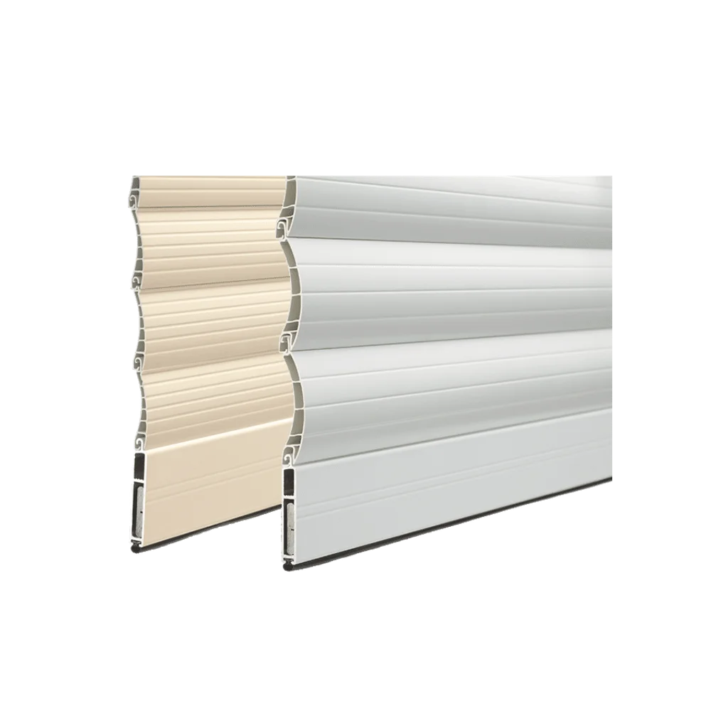 Lames de volet roulant en PVC, coloris beige, blanc et gris, vue en coupe